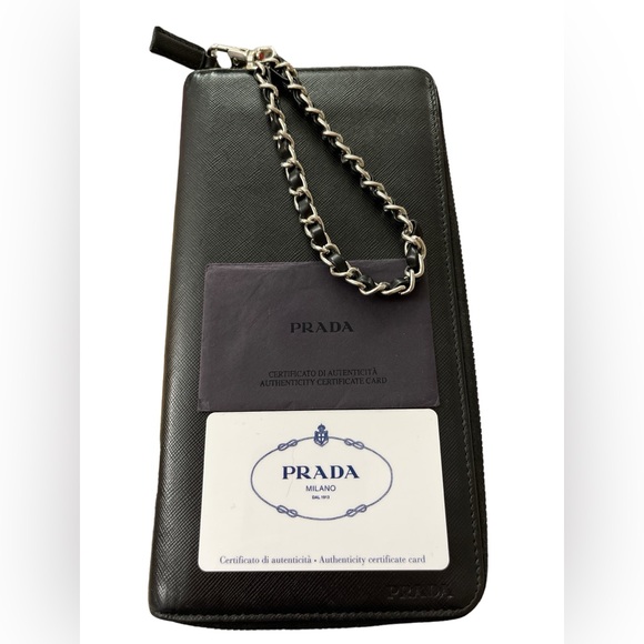 UNISEX Prada Black Saffiano Leather Travel/Organizer Zip Wallet/Chain 2M1220 EUC - Picture 1 of 16